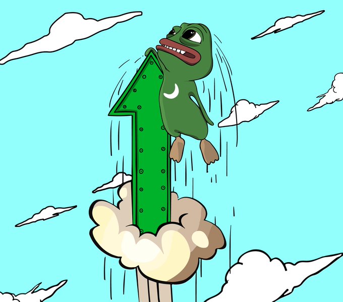 A cartoon illustration of a green frog clinging to a green arrow-shaped sign shaped like the number 1, launching upward into the sky with clouds.