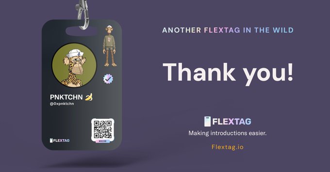 Flextag promotional image showing a digital ID badge/lanyard for 'PNKTCHN (@0xpnktchn)' with the text 'Another Flextag in the Wild' and 'Thank you!' from Flextag.io.