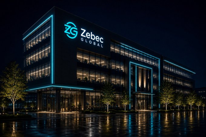 A nighttime rendering of a modern glass office building featuring glowing blue neon accents and a large 'Zebec Global' logo on the exterior.