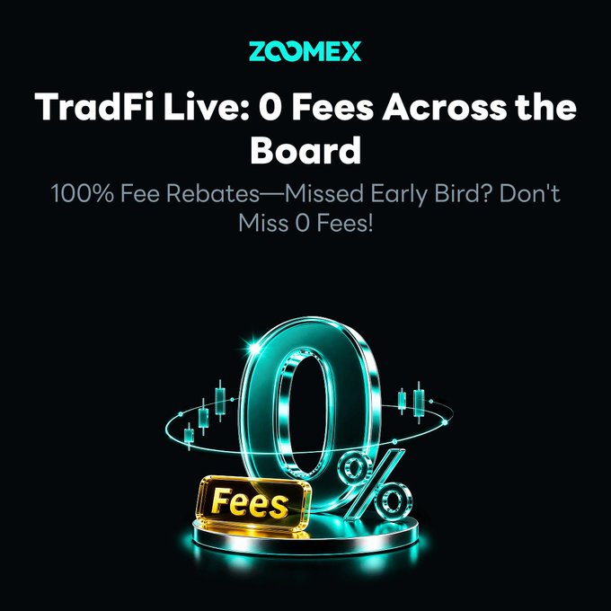The image is a Zoomex promotional graphic featuring a large glowing cyan "0%" with a golden "Fees" plaque and trading candlestick chart motifs, advertising their "TradFi Live: 0 Fees Across the Board" campaign with "100% Fee Rebates—Missed Early Bird? Don't Miss 0 Fees!" The visual reinforces the post's message about trading assets like stocks, gold, silver, and crude oil with zero fees and full rebates at Zoomex.