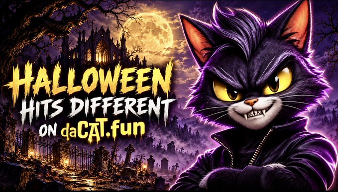A Halloween-themed graphic featuring a stern black cat in a leather outfit beside a gothic castle under a full moon, with text reading 'HALLOWEEN HITS DIFFERENT ON daCAT.fun'.