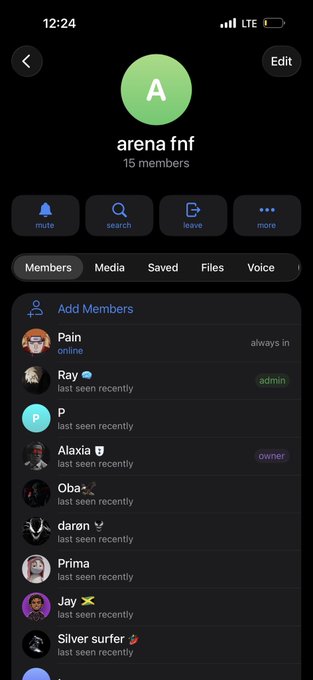 A screenshot of a Telegram group called "arena fnf" with 15 members, showing usernames like Pain, Ray, Alaxia, and others.