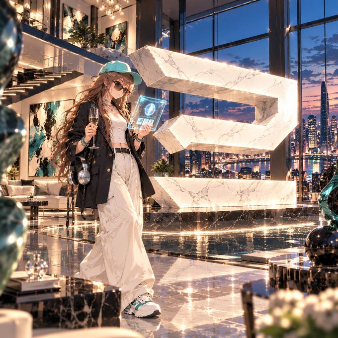 An illustrated image of a stylish young woman in a cap and sunglasses holding a champagne glass and a glowing holographic tablet, standing in a luxurious modern interior with a city skyline view.