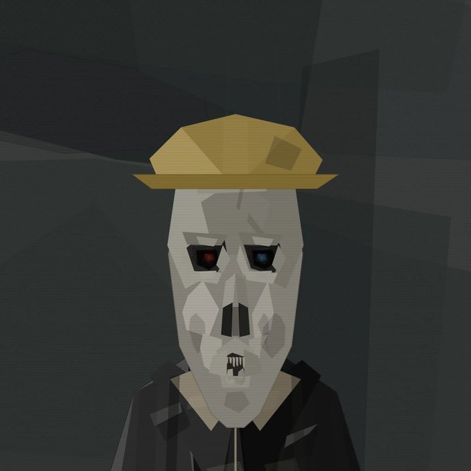 A low-poly 3D rendering depicts a gray skull with glowing red and blue eyes wearing a yellow flat cap and dark coat.