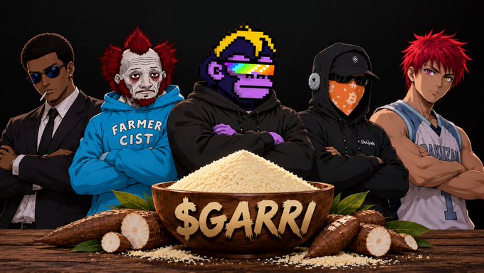 A digital artwork shows five stylized characters behind a wooden bowl labeled '$GARRI' filled with cassava flour, surrounded by cassava roots.