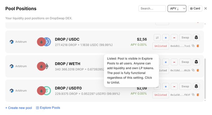 Screenshot of 'Pool Positions' on DropSwap DEX showing liquidity pools for DROP/USDC, DROP/WETH, and DROP/USDT0 on Arbitrum, with a tooltip explaining that 'Listed' makes the pool visible in Explore Pools to all users, though the pool remains fully functional regardless.