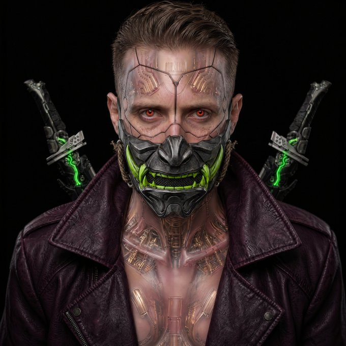 A detailed digital artwork/cosplay portrait of a man with cybernetic enhancements, wearing a menacing metal face mask with green fangs and glowing green eyes, crossed swords behind him, and visible mechanical implants on his chest, resembling a Mortal Kombat-style cyborg ninja character.