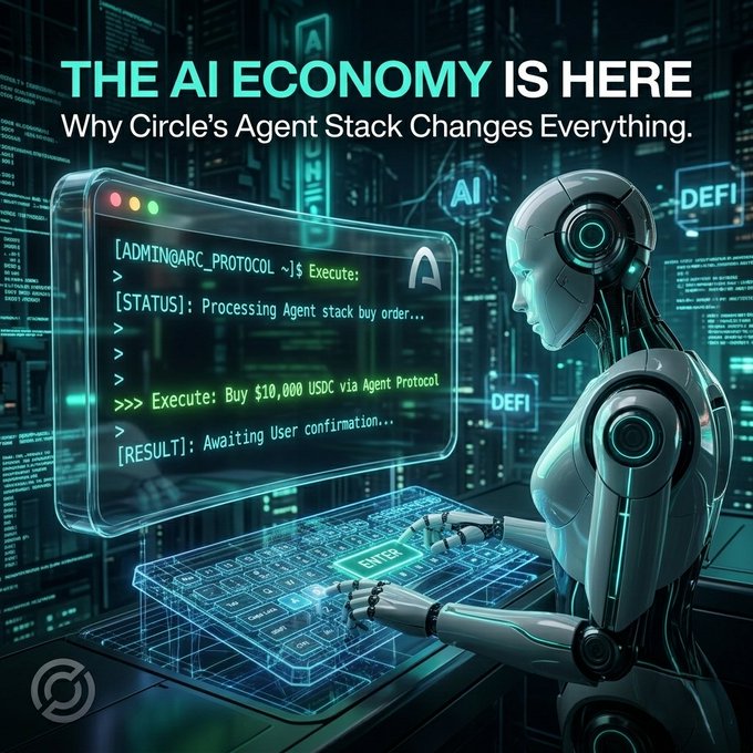 The image features a robot with human-like features, such as arms and legs, working at a computer desk. The robot appears to be typing or interacting with a keyboard while looking at a monitor displaying information about tokenomics. In the background of the image, there is text that reads "@arc L1 tokenomics", which seems unrelated to the main focus on the robot's actions in front of it. However, there are also mentions of the Circle Agent Stack and how it is directly linked to Arc. The overall theme of the image appears to be a blend of technology and human-like elements, with the robot being an integral part of the scene.