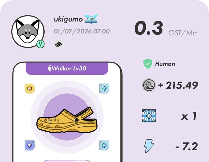 STEPN app screenshot showing a 'Walker Lv30' sneaker NFT, username 'ukigumo', date 01/07/2026 07:00, with earnings of +215.49 GST and energy -7.2.