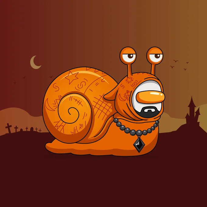 A cartoon orange snail with mystical markings, wide expressive eyes, and a beaded necklace stands against a spooky graveyard backdrop with crosses, a gothic tower, crescent moon, and silhouetted bats—matching the bewildered "What da f*** is that?" reaction tied to the @SnailiesNFTs collection.