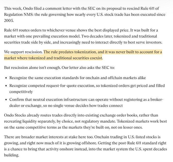 A snippet of a blog post from Ondo detailing its comment letter to the SEC urging rescission of Rule 611 of Regulation NMS, with a highlighted sentence noting the rule "predates tokenization" and was never designed for coexisting tokenized and traditional securities.