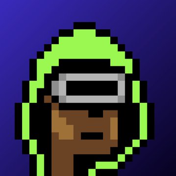 A pixel art illustration of a character wearing a bright green helmet with a visor and dark brown skin against a blue background.
