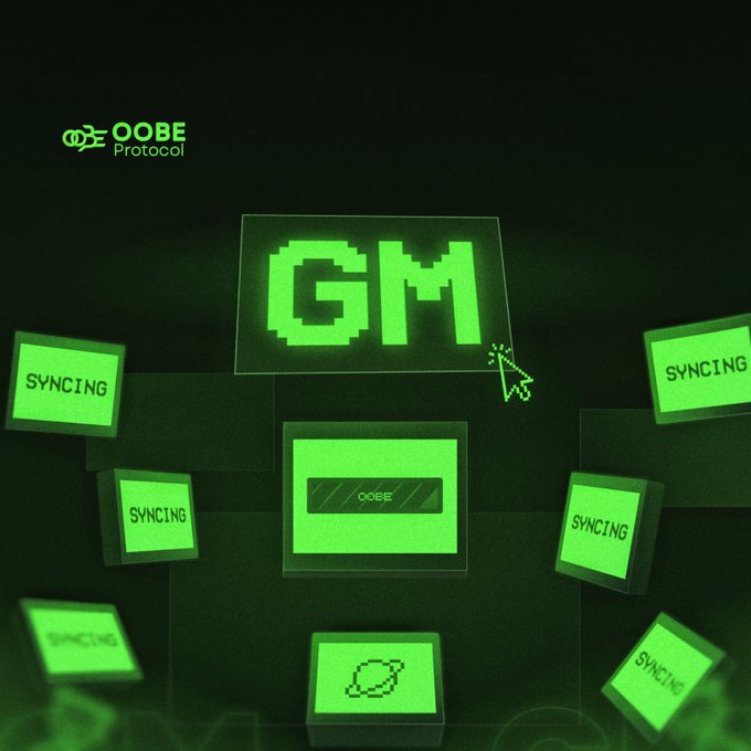A dark screen with green digital displays from OOBE Protocol showing 'GM' prominently with surrounding 'SYNCING' panels and a cursor.