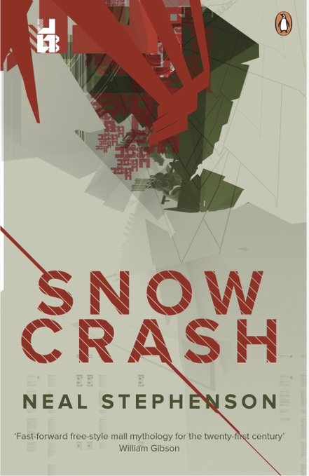 The image shows the cover of Neal Stephenson's "Snow Crash," a Penguin paperback featuring a futuristic helmet illustration, with the title "SNOW CRASH" and author name "NEAL STEPHENSON" in bold red text, plus a William Gibson blurb calling it "'Fast-forward free-style mall mythology for the twenty-first century.'"

The book cover relates to the post's theme of digital scarcity and crypto, as *Snow Crash* is a seminal cyberpunk novel that coined the term "metaverse" and helped inspire the cypherpunk movement and early Bitcoin ideology.