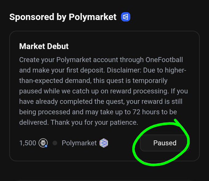 A screenshot of a OneFootball quest titled "Sponsored by Polymarket" offering a 1,500 reward for a "Market Debut" deposit, with a green circle highlighting the "Paused" status button.