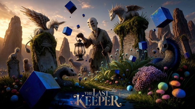 A fantasy illustration titled "THE LAST KEEPER" depicting a masked figure holding a lantern among mythical creatures, moss-covered gravestones, and floating blue cubes.