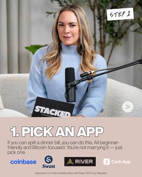 A woman with long blonde hair in a light blue sweater sits in front of a microphone in a podcast setting, with text overlay reading "STEP 1" and "1. PICK AN APP" along with logos for Coinbase, Swan, River, and Cash App, illustrating the first step of a beginner's guide to buying Bitcoin featured on the Stacked podcast.