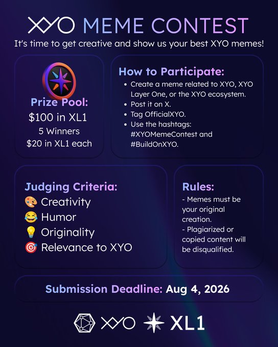 The image is a promotional graphic for the XYO Meme Contest, featuring details like a $100 prize pool in XL1 split among 5 winners, participation instructions (tagging @OfficialXYO and using #XYOMemeContest and #BuildOnXYO), judging criteria (Creativity, Humor, Originality, Relevance to XYO), and a submission deadline of August 4, 2026. It visually reinforces the accompanying post announcing the contest's launch.