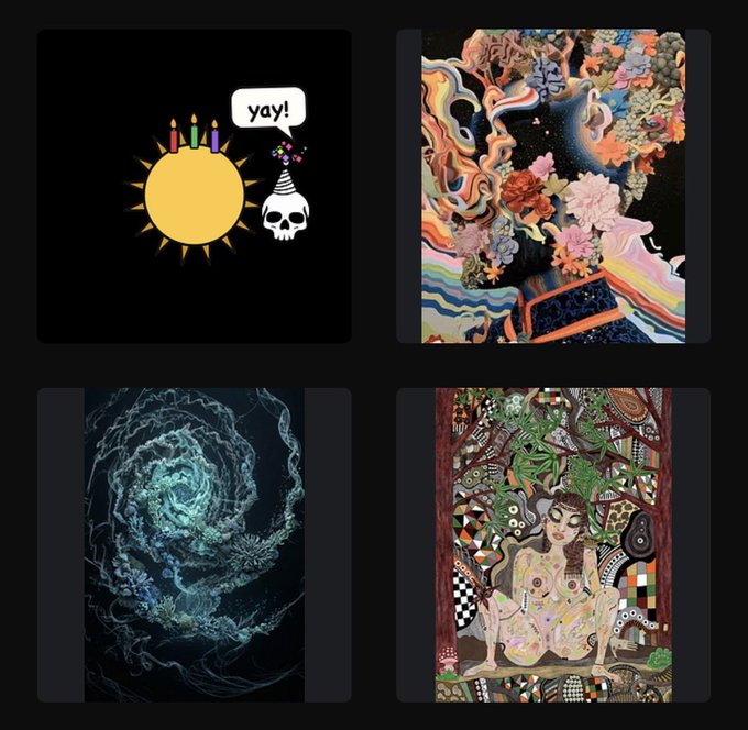 A collage of four distinct square images: a sun and skull graphic with a speech bubble saying 'yay!', an abstract colorful landscape, a swirling blue rose, and an intricate illustration of a figure with an animal.