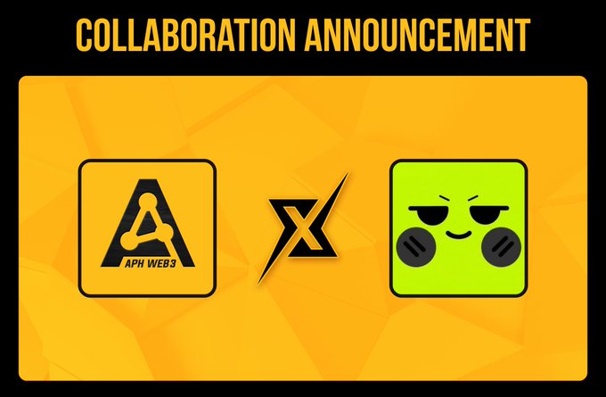 A collaboration announcement graphic shows the 'APH WEB3' logo next to an 'X' symbol and a green square character icon on an orange background.