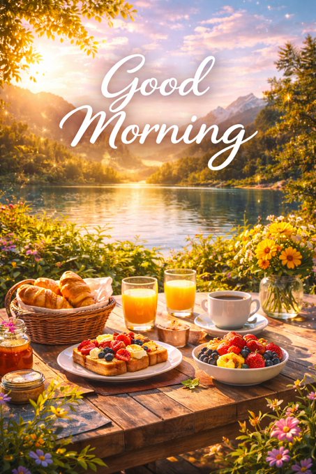 A vibrant 'Good Morning' greeting image featuring a wooden table set with croissants, waffles, berries, orange juice, coffee, and flowers beside a sunlit lake surrounded by mountains.