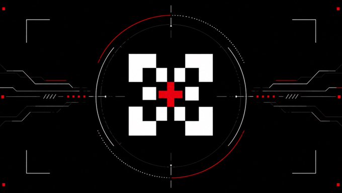 A digital graphic featuring a stylized pixel-art QR code or symbol in white with a red plus sign in the center, displayed on a black background with futuristic red and white circuit-like design elements and a circular targeting reticle.