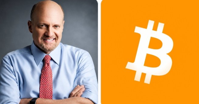 A smiling, bald man in a light blue shirt and red tie (resembling financial commentator Jim Cramer) stands beside the orange Bitcoin logo, with the post noting his earlier call to sell BTC near $63,000—a prediction that has since been upended as Bitcoin now trades around $72,000.