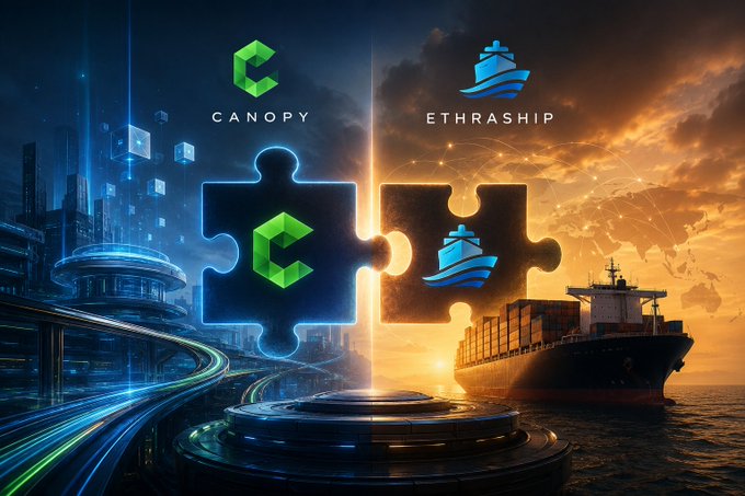 A promotional graphic showing the integration of Canopy and EthraShip, featuring their logos on puzzle pieces with a futuristic city on the left and a cargo ship at sea on the right.