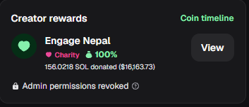 A TikTok creator rewards panel showing 'Engage Nepal' with a 100% Charity indicator, noting 156,0218 SOL donated ($16,163.73), with admin permissions revoked.