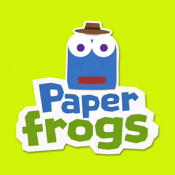The image shows a logo for "Paper frogs" featuring a cartoonish blue character wearing a brown hat, set against a vibrant green background that ties into the "green season" theme of the post.