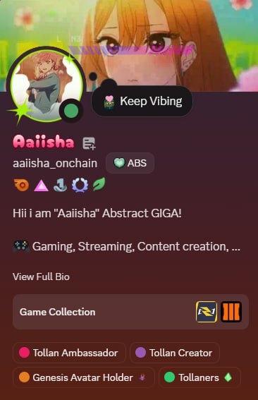 Aalisha (@aalisha_onchain) shares her profile on Abstract, celebrating her new "Tollan Ambassador" status displayed among her tags, alongside her gaming and streaming roles as a Genesis Avatar Holder and Tollaners member. The image showcases her anime-style profile banner and green "Keep Vibing" status, reflecting the announcement post about joining the Tollan ambassador program.