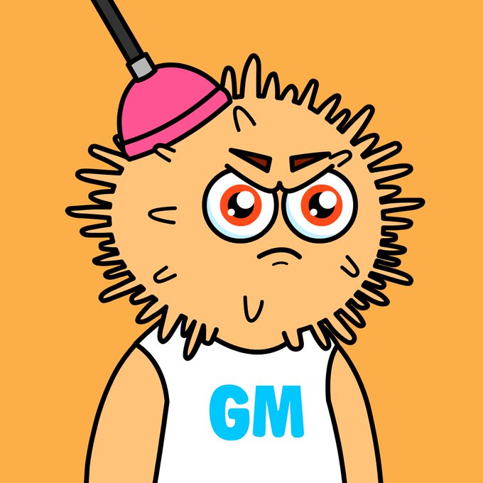 A cartoon character with a fuzzy orange round head, angry eyes, a plunger stuck to its head, and a white shirt displaying 'GM' (Good Morning) on an orange background.