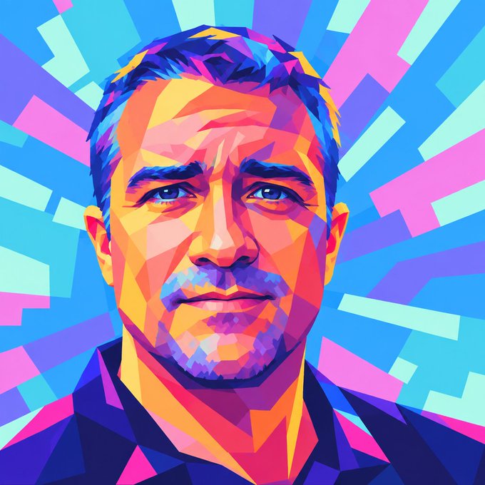 A vibrant, geometric pop-art style digital portrait of a serious-looking man with short hair and a goatee against a blue and pink geometric background.