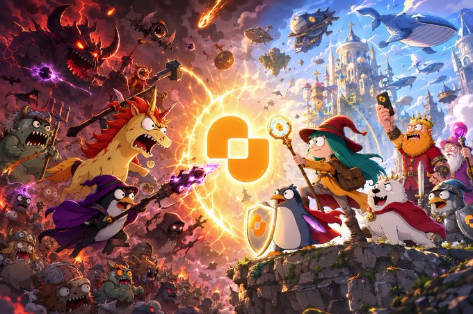 A vibrant fantasy battle scene illustration features a unicorn warrior, wizards with magical staffs, a penguin knight, and other mythical creatures fighting against dark monsters, with a glowing orange infinity symbol in the center.