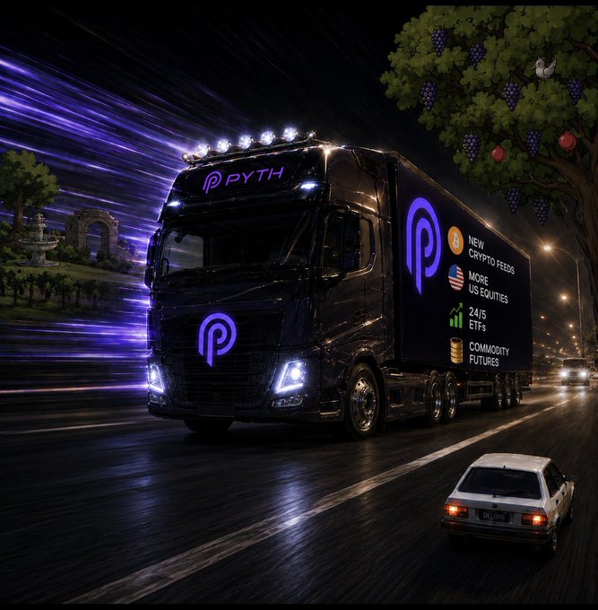 A glowing black semi-truck branded with the Pyth Network logo speeds down a nighttime road, its trailer listing new product offerings: "New Crypto Feeds, More US Equities, 24/5 ETFs, Commodity Futures," visually symbolizing Pyth's rapidly expanding asset coverage mentioned in the post.