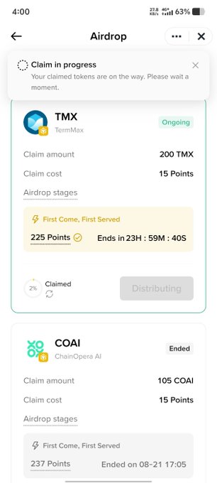 The image shows a Binance Wallet Airdrop page with an active claim for 200 TMX tokens from TermMax (cost: 15 Points, 2% claimed, ending in 23H:59M:40S) and an ended claim for 105 COAI tokens from ChainOpera AI. A banner confirms "Claim in progress," visually reflecting the user's frustration about a small token airdrop reward after significant trading activity on Binance Alpha.