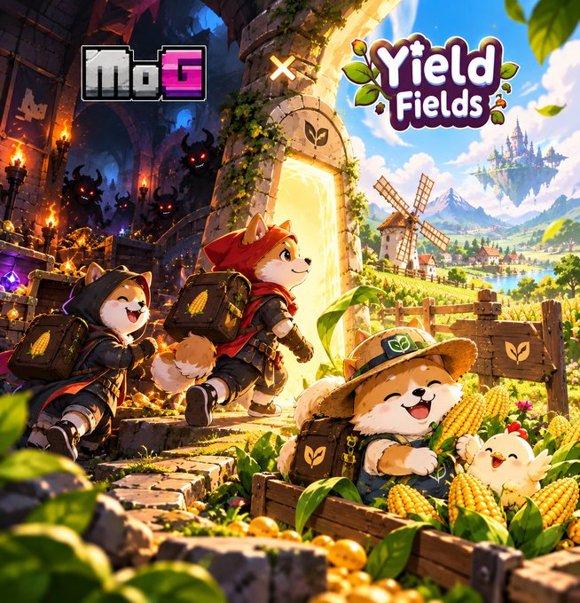 The promotional graphic shows a collaboration between the game 'MoG' and 'Yield Fields'. It features cute, animated animal characters, including dogs dressed as adventurers and a chicken in a straw hat, alongside imagery of a dark dungeon, a windmill, and fields of corn.