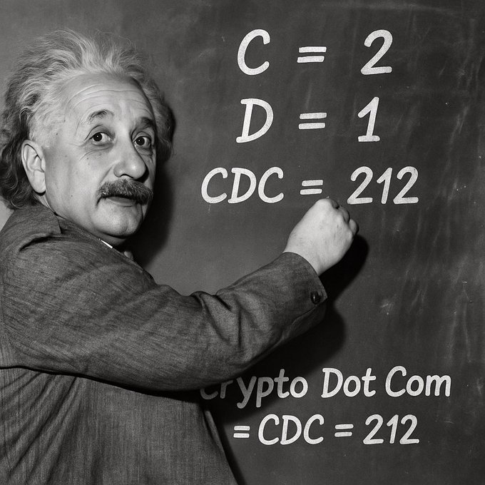 A black-and-white photo of Albert Einstein playfully writing "C = 2, D = 1, CDC = 212" on a chalkboard, with additional text reading "Crypto Dot Com = CDC = 212." The image humorously frames the ticker $212 as a simple mathematical equation, aligning with the post's promotion of Crypto.com's CDC token hitting the #212 milestone.