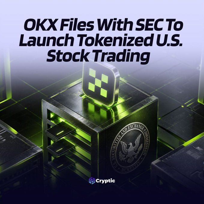 A promotional graphic announcing that OKX has filed with the SEC to launch tokenized U.S. stock trading features a glowing server-like structure adorned with the SEC seal and an OKX logo, illustrating the convergence of traditional securities regulation and crypto-based trading.