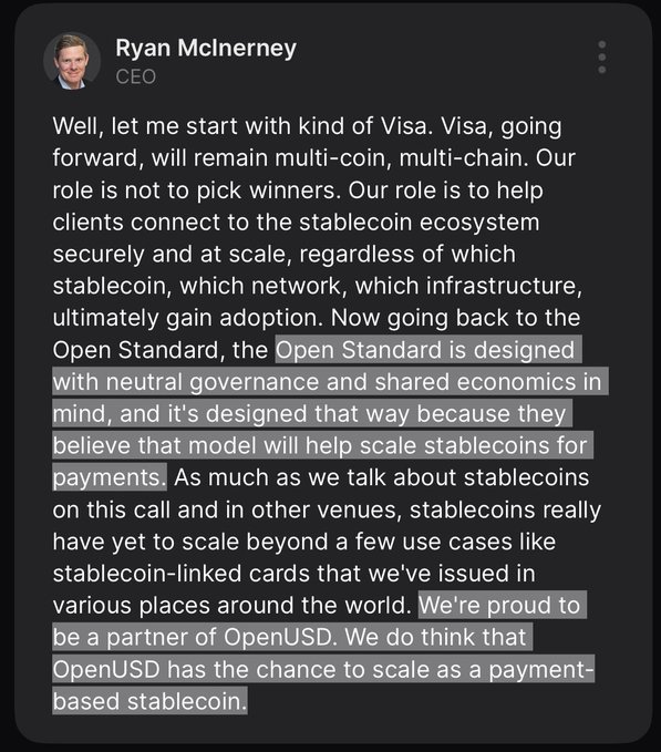 The image shows a social media post from Ryan McInerney, CEO of Visa, discussing the company's stance on the OpenUSD stablecoin standard during a Visa Q3 FY26 earnings call. The highlighted text emphasizes Visa's commitment to multi-coin, multi-chain support and its belief that OpenUSD's neutral governance model will help scale stablecoins for payment use cases, aligning with the accompanying post's quote about the standard's design and Visa's partnership.