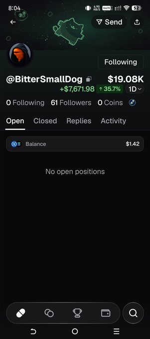 A screenshot of a Polymarket profile page for user @BitterSmallDog, showing a portfolio balance of $19.08K with 0 coins and 0 followers, and no open positions. The image relates to the post by illustrating the kind of trading profile page where the user is requesting followers to tail their trading calls on platforms like PumpFun, while their own account currently shows minimal activity with just $1.42 in balance.