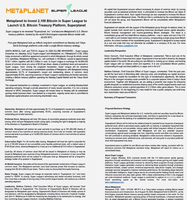 A MetaPlanet press release announcing the launch of 'Super League' to invest 2,100 Bitcoin in the U.S. through SuperPreferred BTC Treasury Platform, backed by 43,000 BTC, with details on the proposed bitcoin strategy and management.