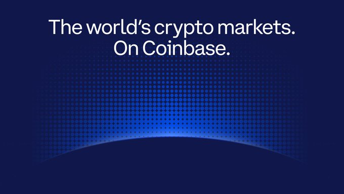 The image features a blue background with white text that reads "The world's cryptocurrency markets. On Coinbase". The text is centered, making it easy for viewers to read and understand the content. The image also includes a small globe at the bottom right corner, which adds an interesting visual element to the overall design of the post.