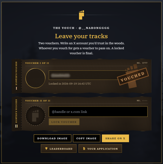 The image shows a digital voucher interface titled "Leave your tracks" from "THE VOUCH - @__NABONGGGG," displaying two vouchers where Voucher I (No. 3777) is marked "VOUCHED" and locked as of 2026-09-19 16:42 UTC, while Voucher II remains available to be locked with an X account handle. This visually confirms the post's claim that one vouch from @BITFOOTS_ has been used, with one final vouch slot left to be claimed.