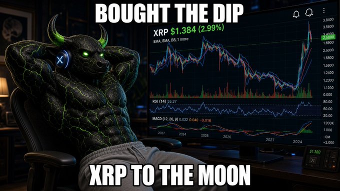 A meme-style image showing a muscular bull-headed figure with glowing green eyes wearing XRP headphones, sitting before a crypto chart displaying 'XRP $1.384 (2.99%)' with text 'BOUGHT THE DIP' and 'XRP TO THE MOON'.