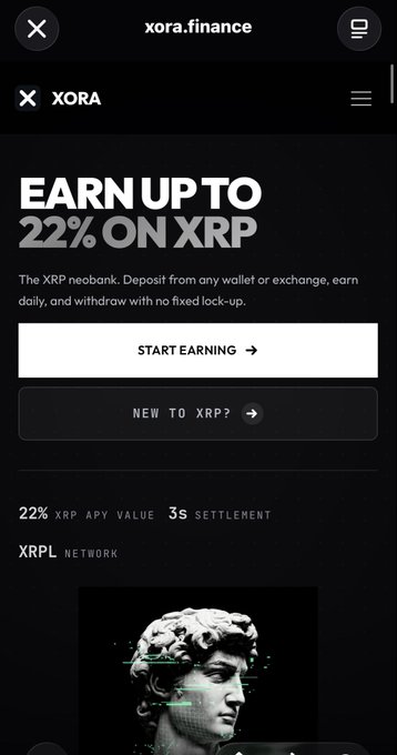 A mobile website screenshot for 'xora.finance' advertising 'EARN UP TO 22% ON XRP' with a 'START EARNING' button.