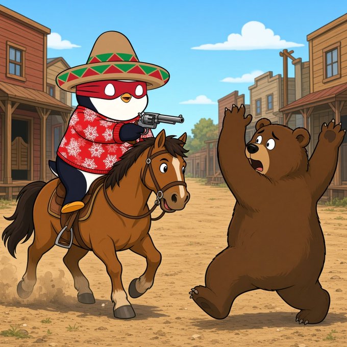 A cartoon illustration depicts a bandit penguin wearing a sombrero and a festive red sweater riding a horse while pointing a revolver at a startled, rearing bear in an Old West town.
