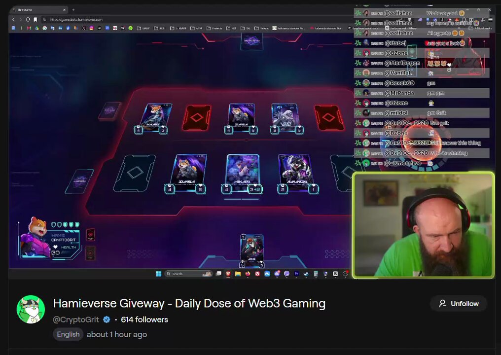 The image shows a computer screen displaying a video game streaming session, with a man wearing headphones playing the game. The game appears to be a card game called "Universe of Warcraft", as indicated by the text displayed on the screen. A message congratulating the player and stating that they have won an NFT is also present in the image.
