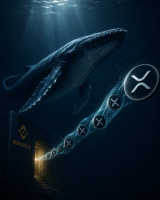 A dark digital artwork depicting a massive whale swimming underwater toward a glowing Binance logo, with XRP coin symbols trailing in the water.