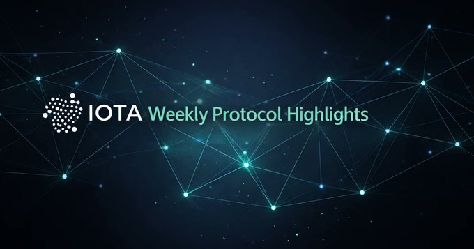 A dark blue graphic with a glowing network/node pattern showing "IOTA Weekly Protocol Highlights" with the IOTA logo.